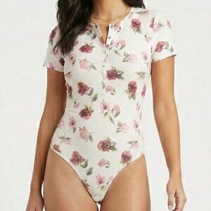 Rue 21 Women’s White Floral Button Front Bodysuit Size S Fitted Stretch NWT